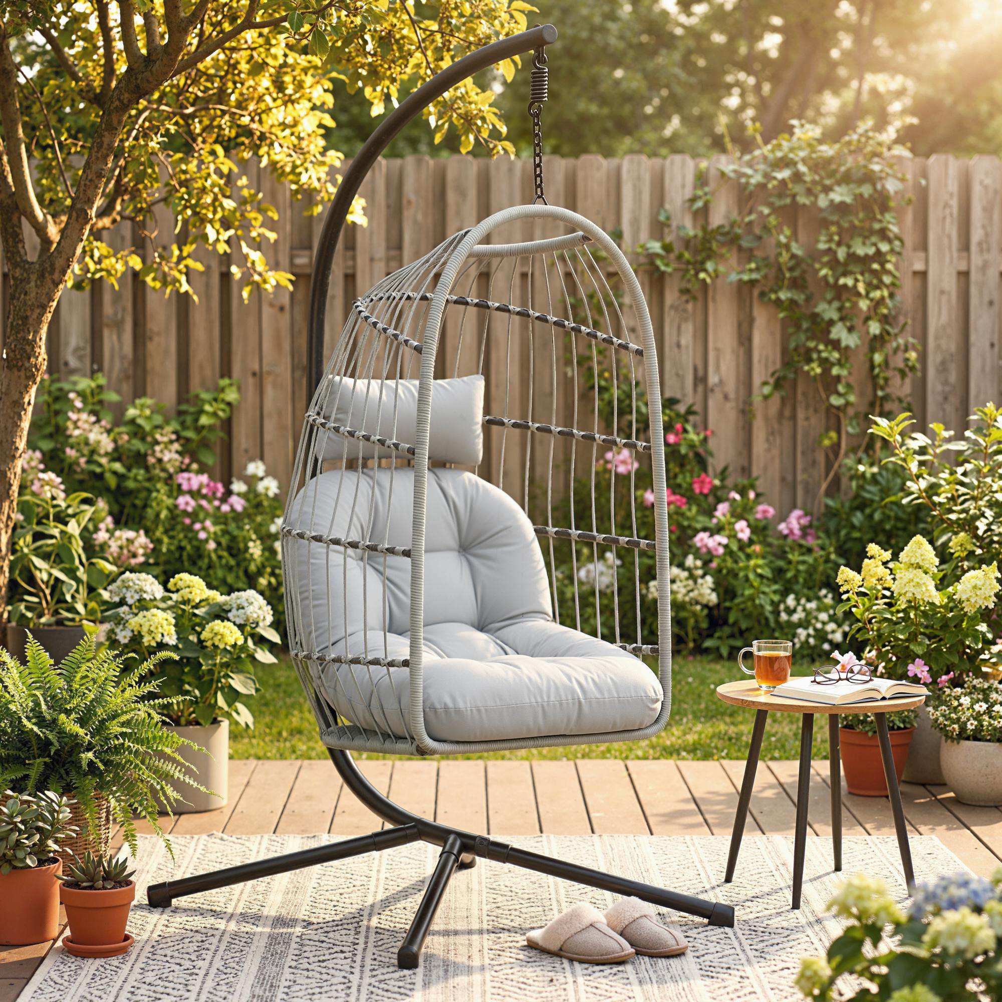 Outsunny Hanging Egg Chair, Indoor Outdoor Hammock Swing Chair with Stand, Safety Strap, Foldable Basket, Light Grey 