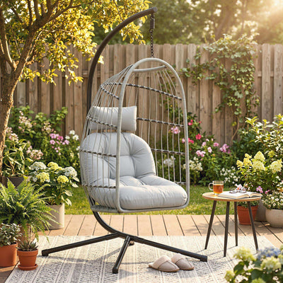 Outsunny Hanging Egg Chair, Indoor Outdoor Hammock Swing Chair with Stand, Safety Strap, Foldable Basket, Light Grey 