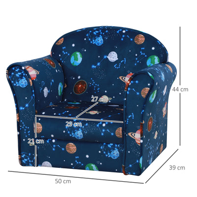HOMCOM Kids Planet-Themed Armchair, with Non-Slip Feet, Wooden Frame - Blue 