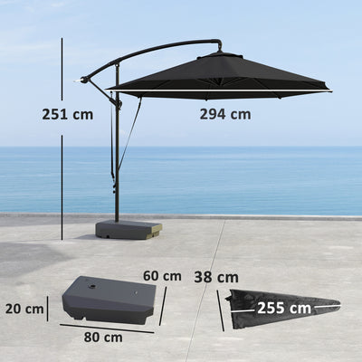 Outsunny 3(m) Garden Cantilever Parasol with Fillable Base, Wind Protection Strap, Cover, Round Banana Hanging Umbrella with Crank Handle and Tilt, Patio Umbrella for Outdoor Sun Shade, UPF50+, Grey 