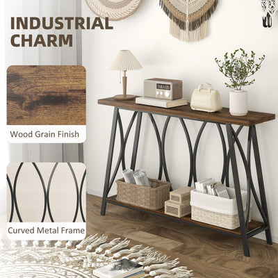 HOMCOM Narrow Console Table, Industrial 2-Tier Sofa Table with Metal Frame for Entryway, Living Room, 120x30x80cm, Rustic Brown 