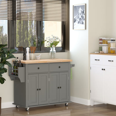 HOMCOM Rolling Kitchen Island Storage Trolley with Rubber Wood Top & Drawers for Dining Room, Grey 