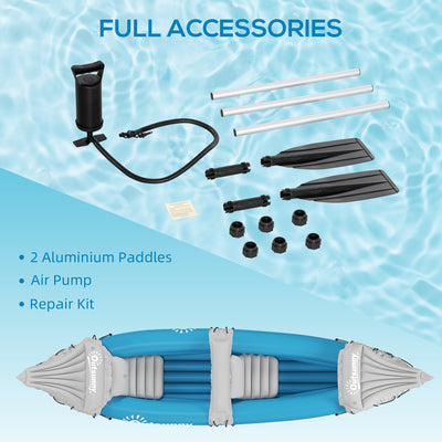 Outsunny Inflatable Kayak, Two-Person Inflatable Canoe Boat Set with Air Pump, Aluminium Oars, 318 x 80 x 50cm - Blue 
