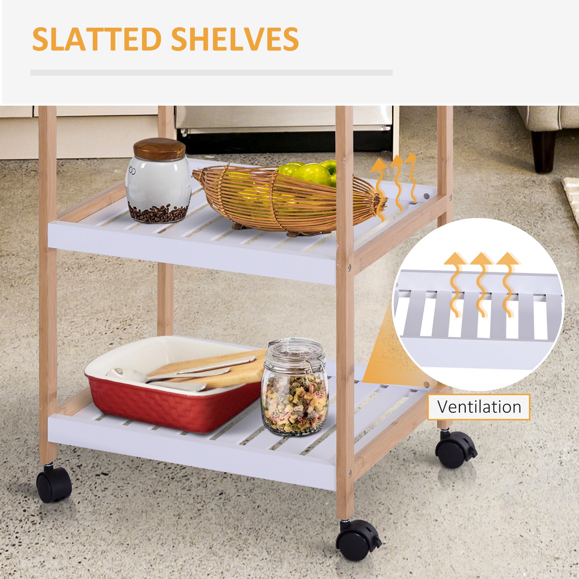 HOMCOM 3-Tier Mobile Kitchen Trolley Cart Storage Shelves Rack Rolling Wheels White 46 x 35 x 74.5 cm 