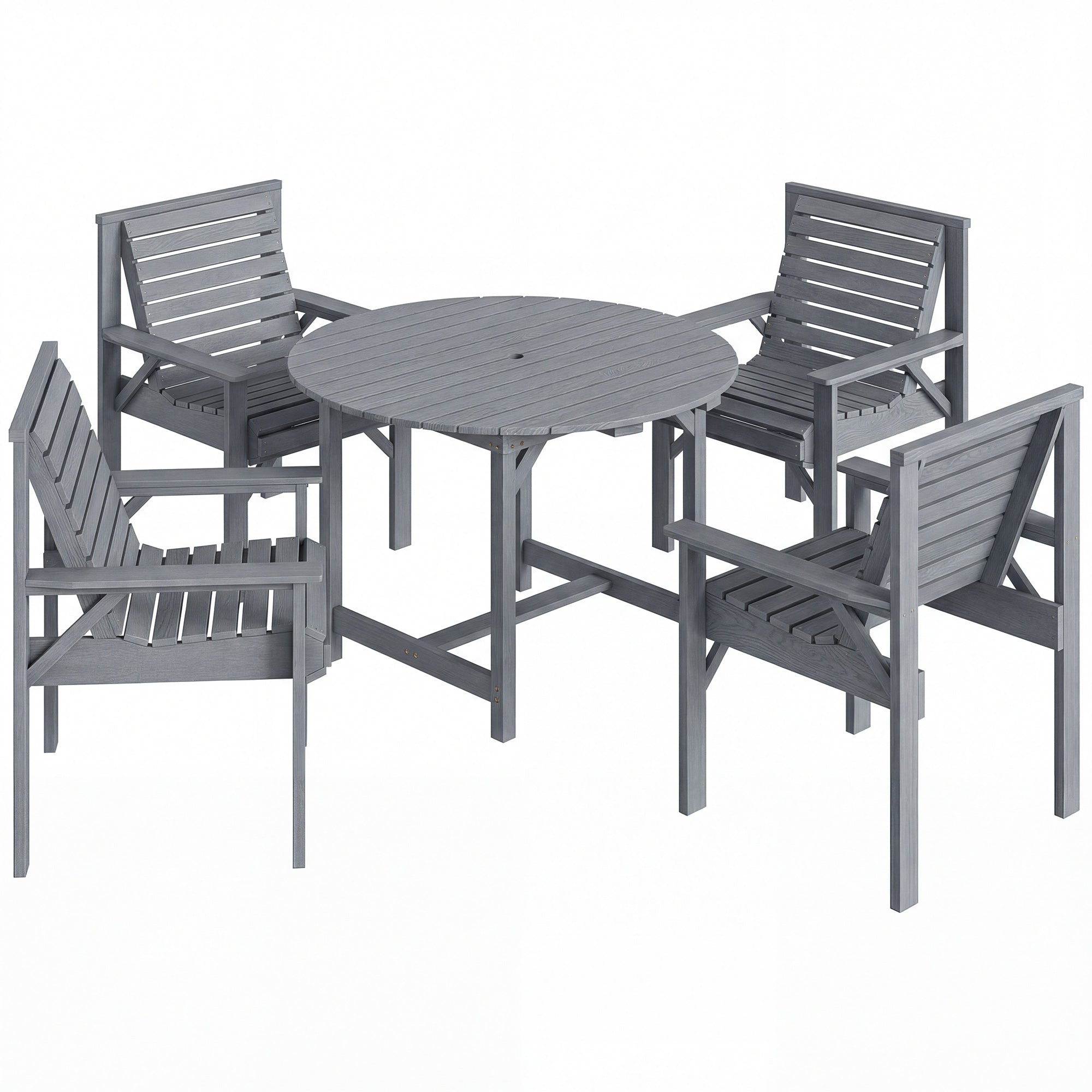 Outsunny 5 Pieces Garden Dining Set with Parasol Hole, Round Outdoor Table and Chairs, 4 Seater Wooden Garden Furniture, Grey 
