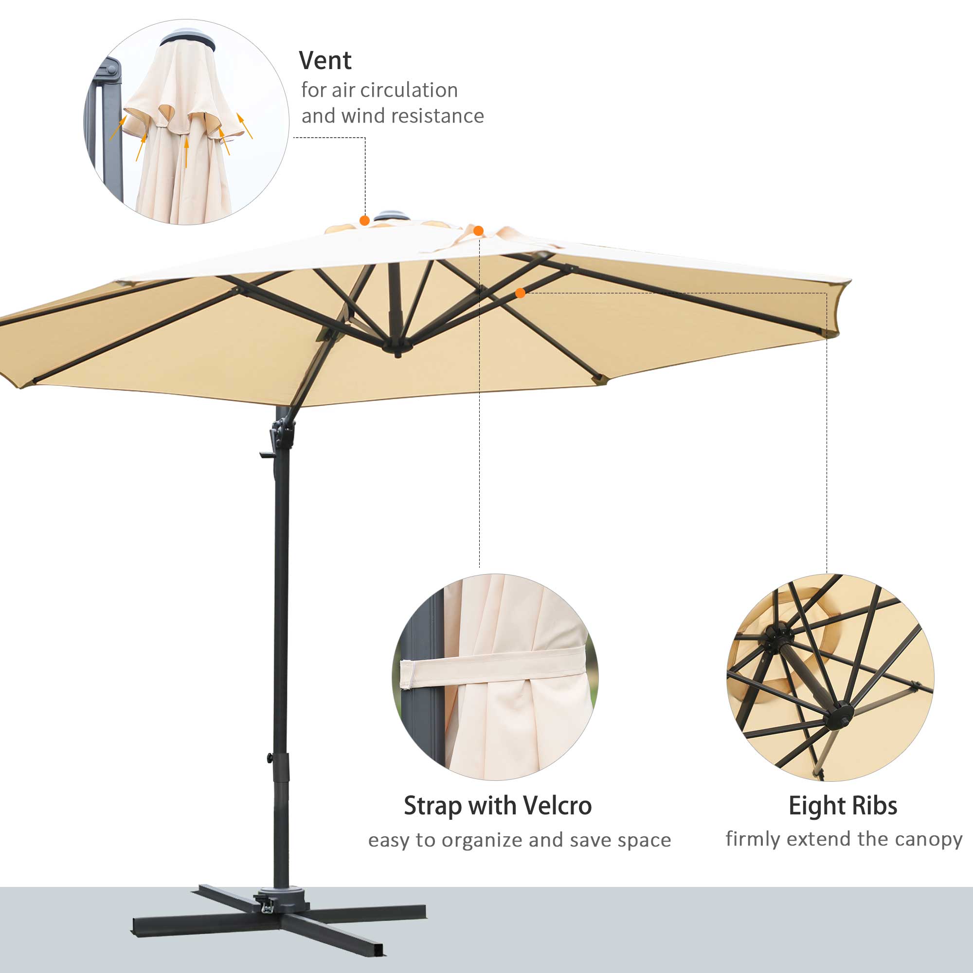 Outsunny Round Umbrella Parasol W/ Tilt 360° Rotation and Hand Crank Cross Base-Beige 