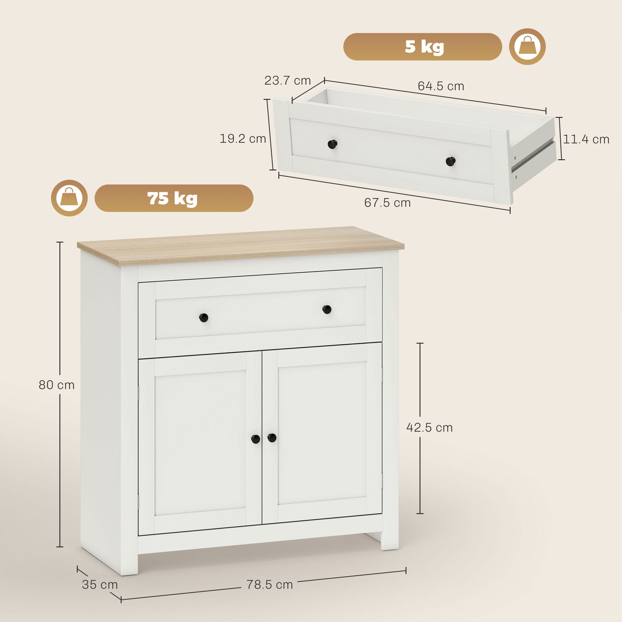 HOMCOM Sideboard Storage Cabinet, Modern Kitchen Cupboard with Adjustable Shelf, Drawer and Double Doors, Cream White 