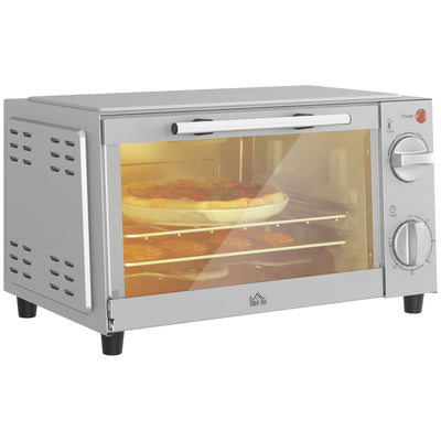 HOMCOM Mini Oven, 9L Countertop Electric Grill, Toaster Oven with Adjustable Temperature, Timer, Dishwasher Safe Baking Tray and Wire Rack, 750W, Silver 