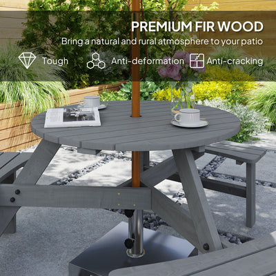 Outsunny 6 Seater Wooden Picnic Table and Garden Benches Set, Round Garden Dining Set with 3 Benches and Umbrella Hole Outdoor Garden Park, Grey 