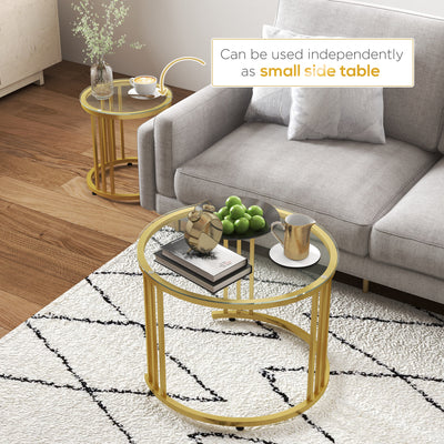 HOMCOM Round Coffee Tables Set of 2, Nesting Tables with Tempered Glass Top and Steel Frame, 60cmx60cmx47cm, Gold Tone 