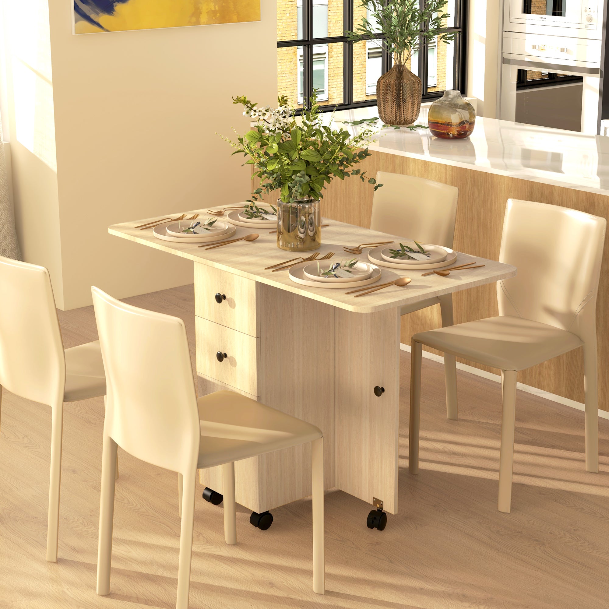 HOMCOM Six-Person Drop Leaf Dining Table, with Storage - Wood-Effect 