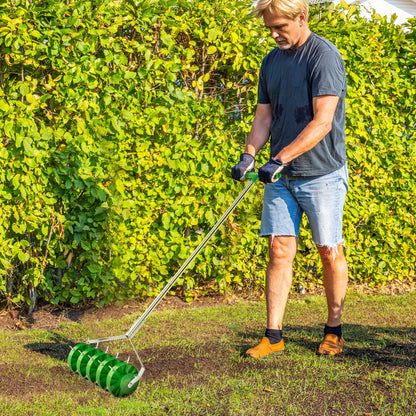 Outsunny Rolling Lawn Aerator, Manual Grass Spike Roller, Heavy Duty Garden Aerator with 3 Piece Detachable Handle and T-bar Grip, Outdoor Garden Lawn Tool, Dark Green 