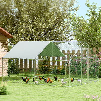 PawHut Walk in Chicken Run w/ Cover, Feeding Door, Hanging Feeder, Perch, for 12-18 Poultry 