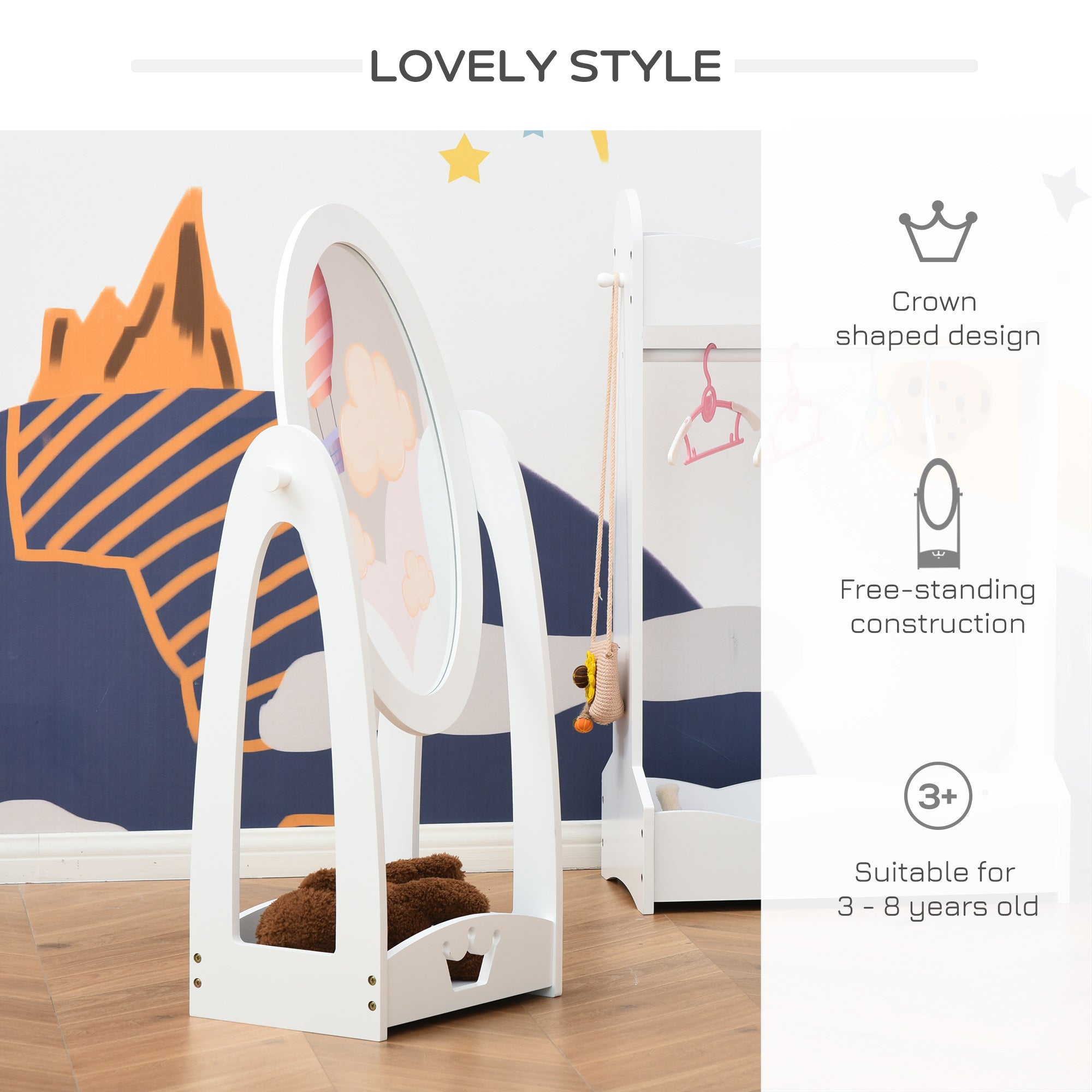 HOMCOM Free Standing Full Length Mirror, Child's Dressing Mirror with storage shelf, Children's White Bedroom Furniture 360° Rotation MDF, For 3- 8 Years Old, 40L x 30W x 104H cm 