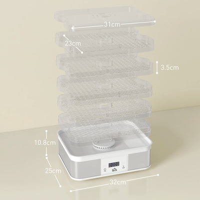 HOMCOM 5 Tier Food Dehydrator, 245W Stainless Steel Food Dryer Machine with Adjustable Temperature, Timer and LCD Display for Drying Fruit, Meat, Vegetable, Jerky and Pet Treat, White 