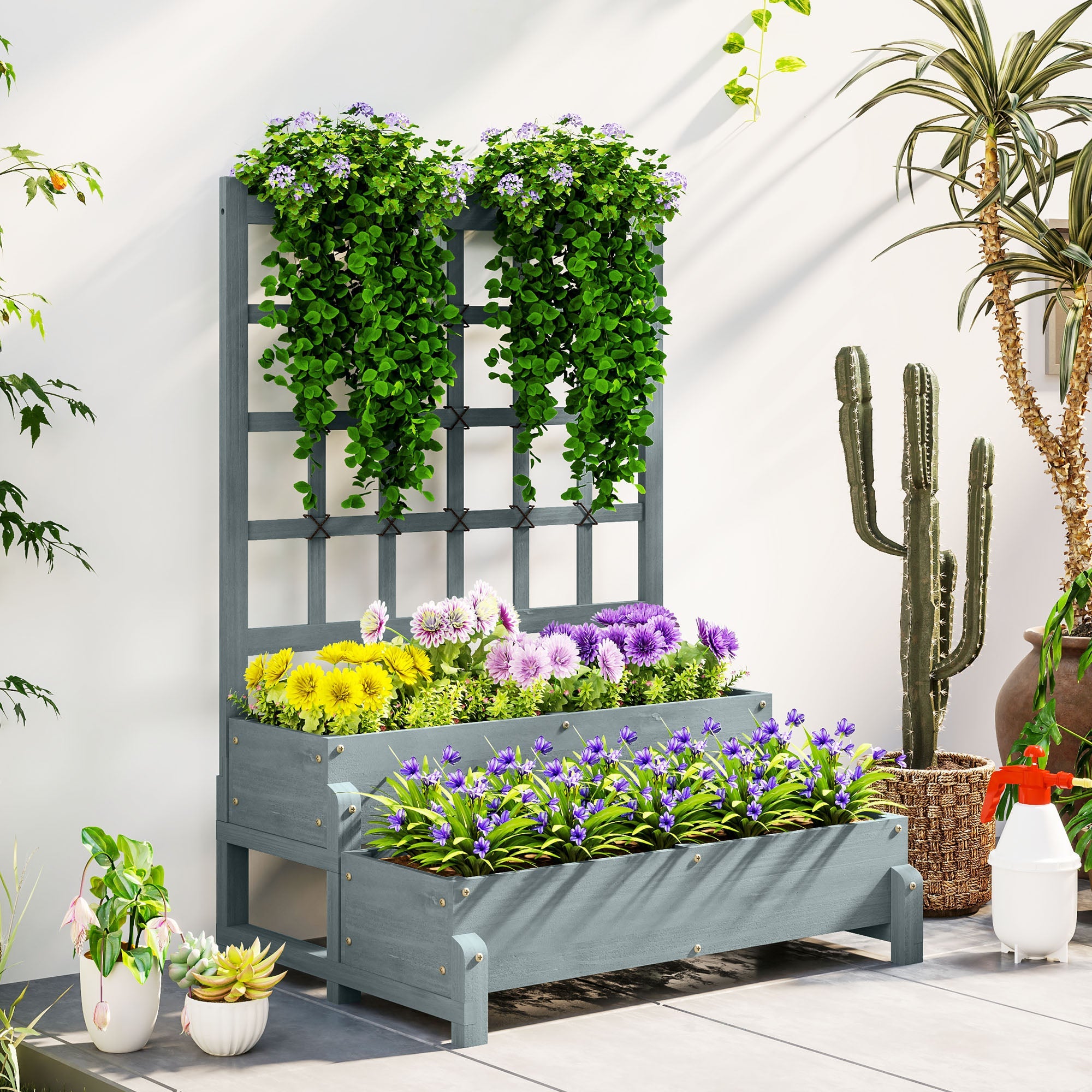 Outsunny 2-Tier Raised Garden Bed with Trellis, Wooden Elevated Planter Box with Drainage Holes, Outdoor Raised Planter for Climbing Plants, Fruits, Vegetables, Flowers, Grey 