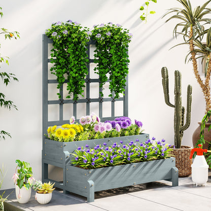 Outsunny 2-Tier Raised Garden Bed with Trellis, Wooden Elevated Planter Box with Drainage Holes, Outdoor Raised Planter for Climbing Plants, Fruits, Vegetables, Flowers, Grey 