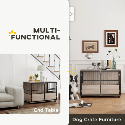 PawHut 100cm Furniture Style Dog Crate Dog Cage End Table Indoor with 3 Doors Soft Washable Cushion, for Large Sized Dogs 