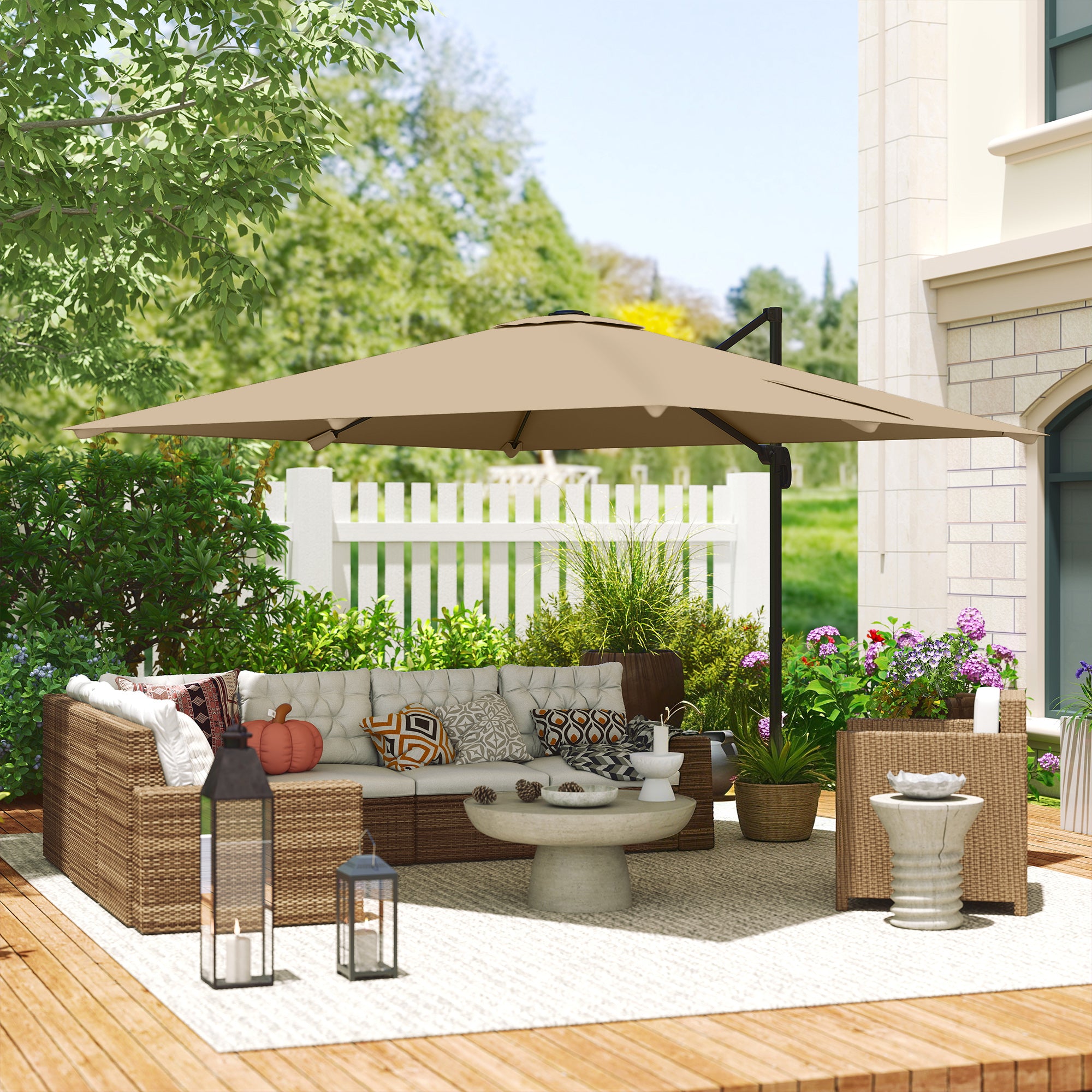 Outsunny 3 x 3 m Cantilever Parasol, Square Patio Umbrella with Crank Handle, Cross Base, Tilt, 360° Rotation, Khaki 