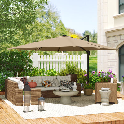 Outsunny 3 x 3 m Cantilever Parasol, Square Patio Umbrella with Crank Handle, Cross Base, Tilt, 360° Rotation, Khaki 