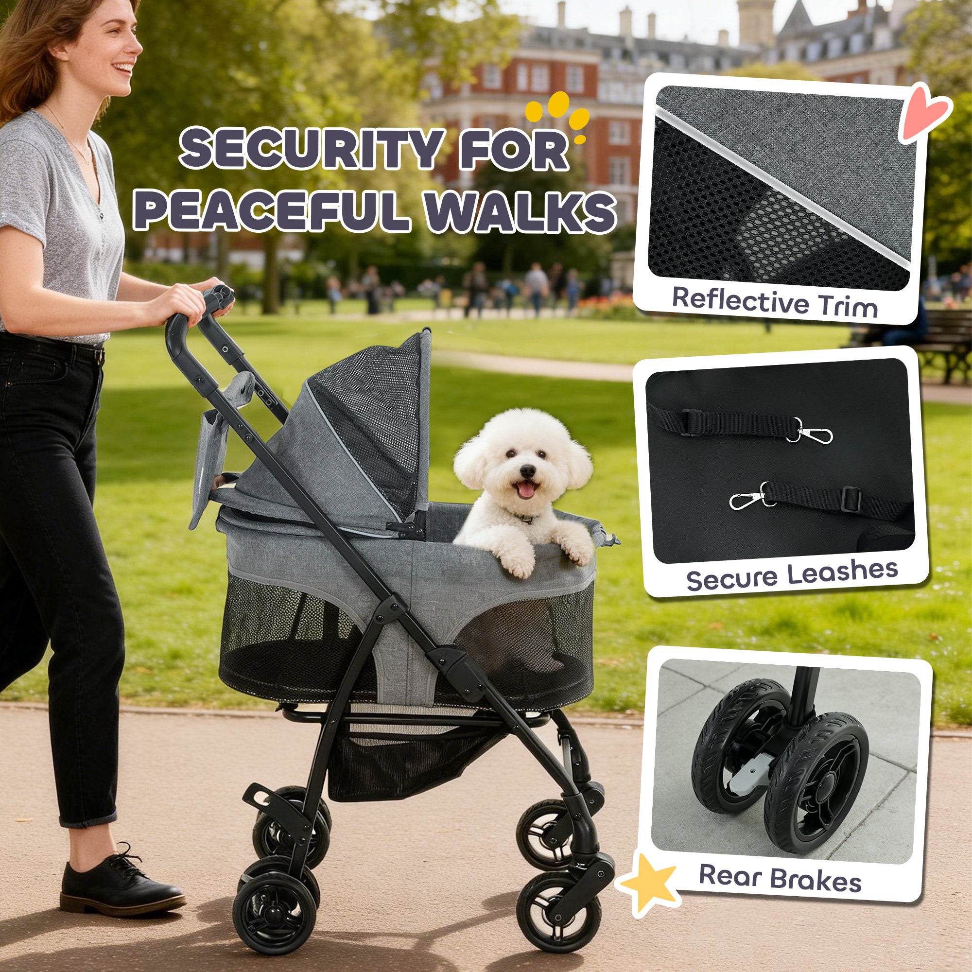 PawHut Pet Stroller, Foldable Dog Cat Stroller with Detachable Carrier, Wheels, Storage Basket, Secure Leash 
