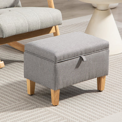 HOMCOM 16L Linen Storage Ottoman Padded Footstool with Rubberwood Legs for Storage Box, Bed End, Shoe Bench, Seating, Light Grey 
