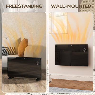 HOMCOM Electric Heater Wifi Smart App, 1500W Glass Panel Heater Radiator, Freestanding or Wall Mounted Convector Space Heater with LED Display, 24Hr 7 Day Timer, Adjustable Thermostat, Remote Control 