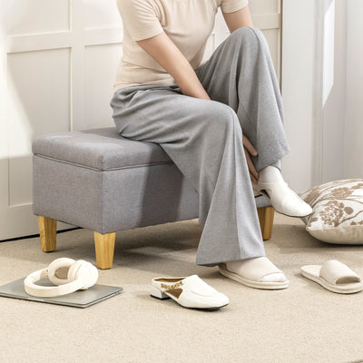 HOMCOM 30L Linen Storage Ottoman Padded Footstool with Rubberwood Legs for Storage Box, Bed End, Shoe Bench, Seating, Light Grey 