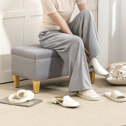HOMCOM 30L Linen Storage Ottoman Padded Footstool with Rubberwood Legs for Storage Box, Bed End, Shoe Bench, Seating, Light Grey