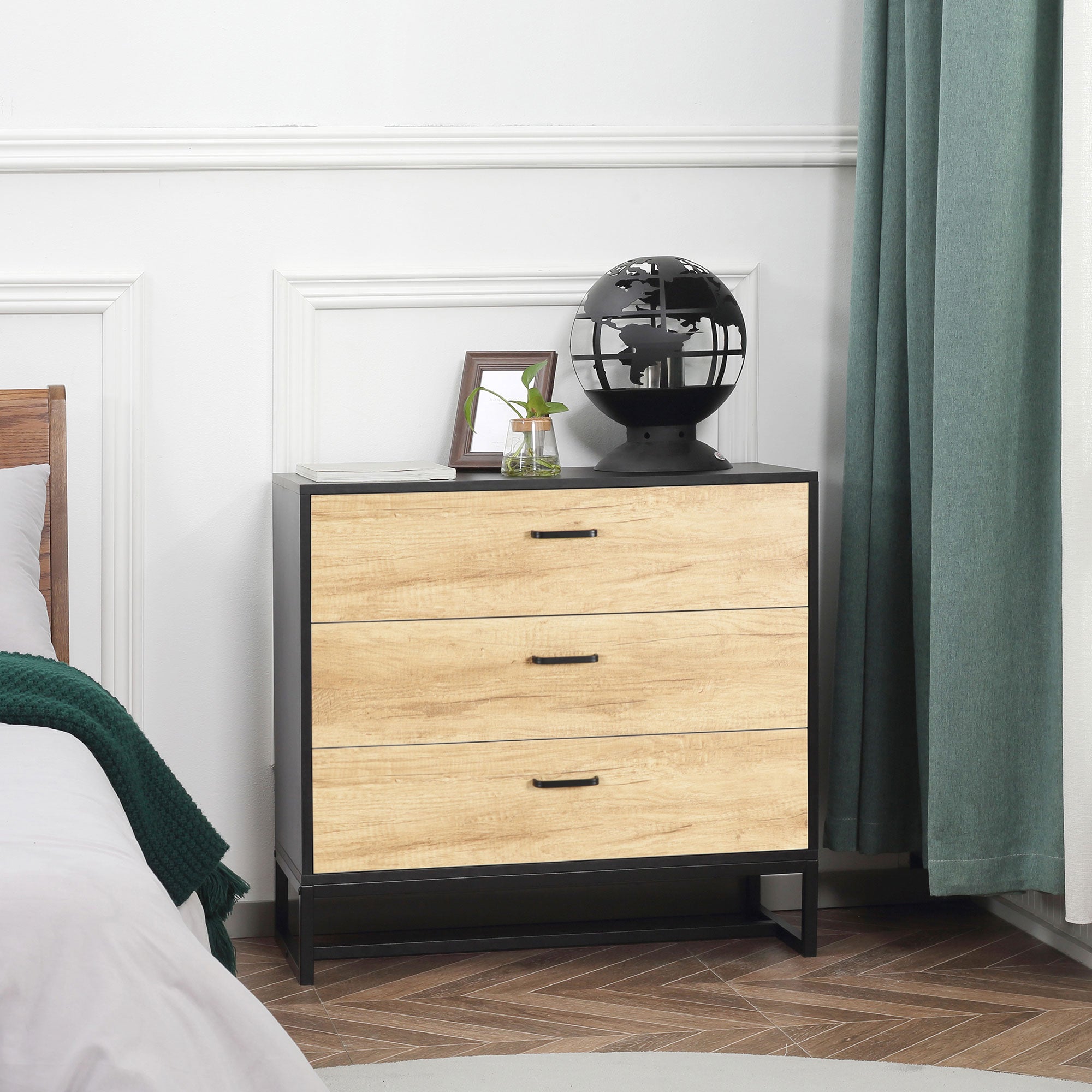 HOMCOM Drawer Chest, 3-Drawer Storage Cabinet Organiser with Steel Frame for Bedroom, Living Room, 80cmx35cmx75cm, Natural 