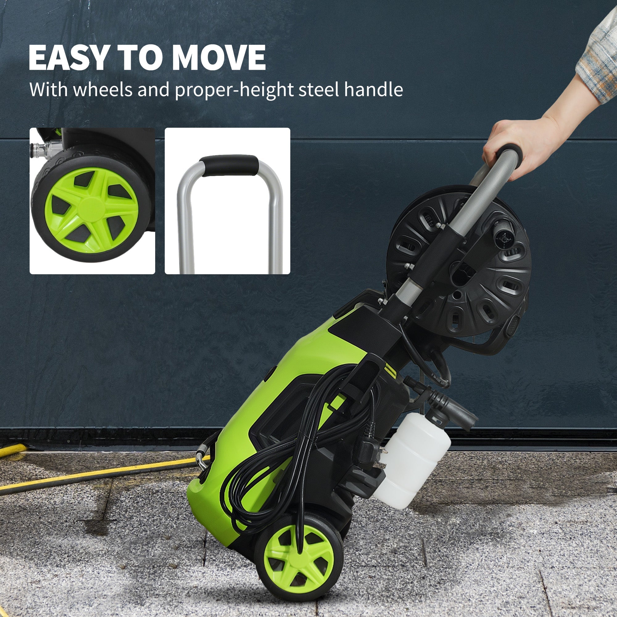 Outsunny 1800W High Pressure Washer, 150 Bar Pressure, 420 L/h Flow, Portable Power Washer Jet Wash Cleaner with Adjustable Nozzle, 6M Hose, Hose Reel, Steel Handle for Home Patio Car Driveway, Green 