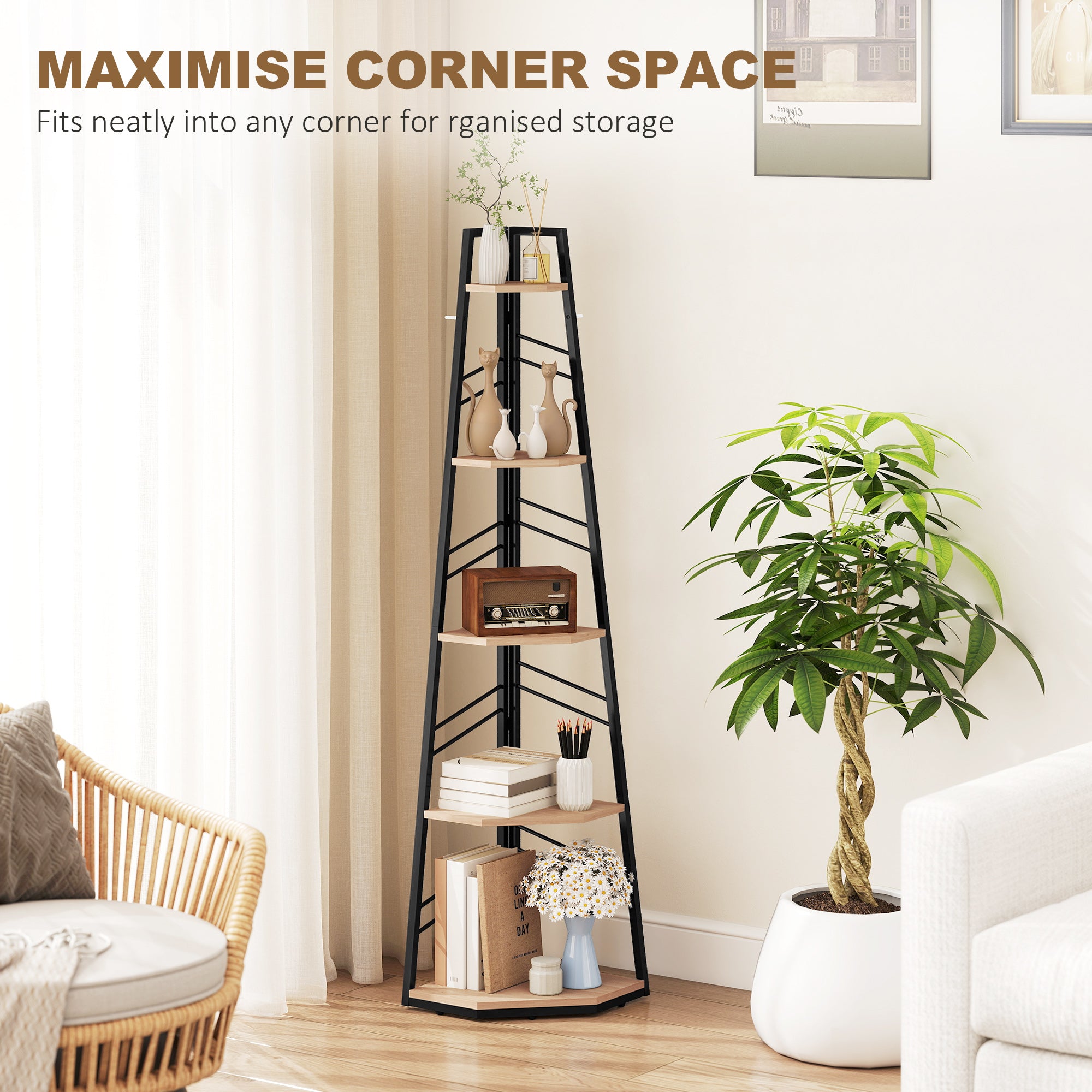 HOMCOM Corner Bookcase, 5-Tier Floor Standing Bookshelf, Shelving Unit for Living Room, Study, Bedroom, Natural Wood Finish 