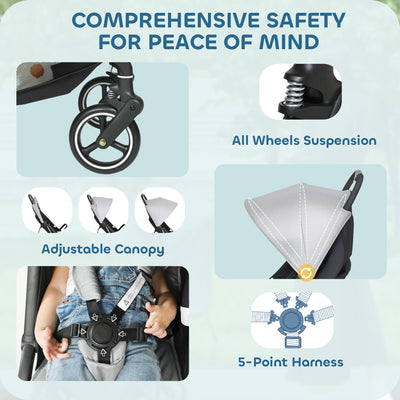 AIYAPLAY Travel Stroller, Lightweight Pushchair, Compact Buggy with Canopy, Basket and Multi-Position Recline, Light Grey 