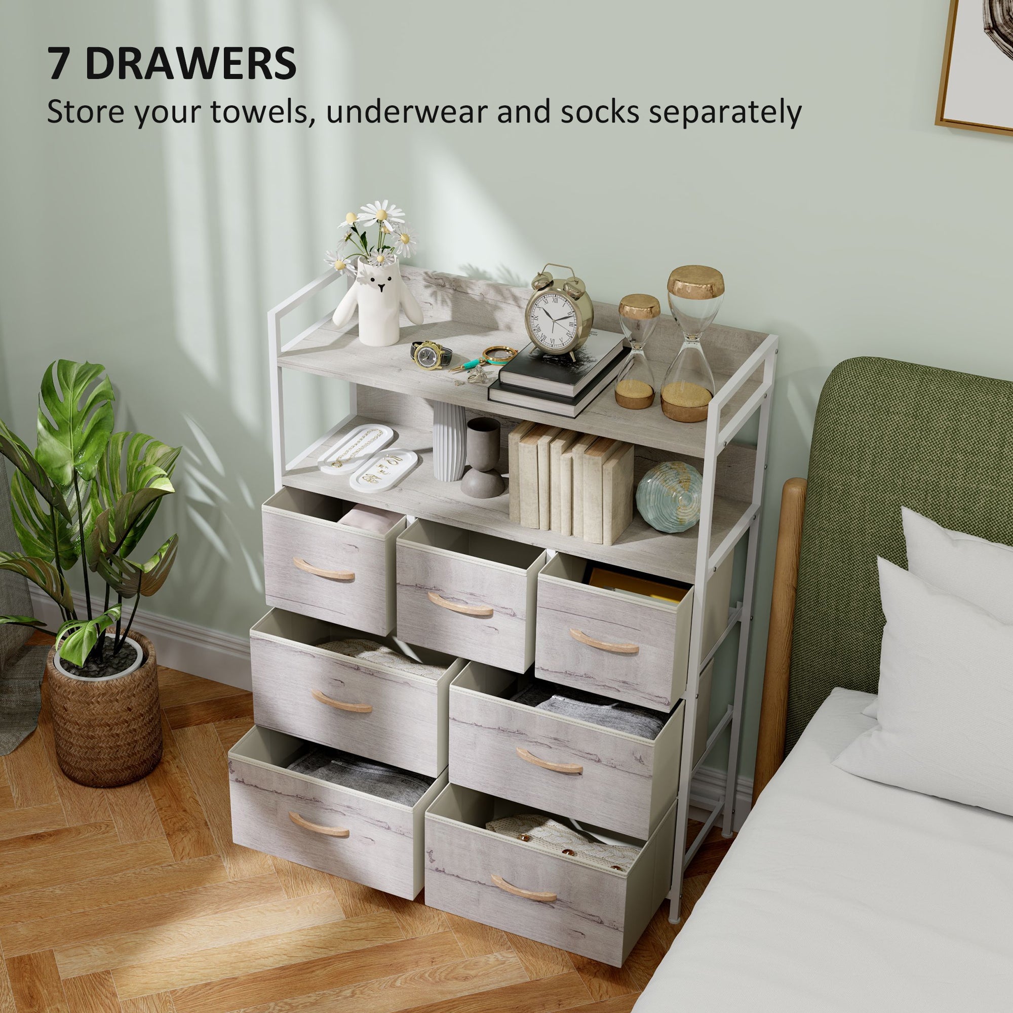 HOMCOM Rustic Chest of Seven Fabric Drawers - Natural Wood Finish 