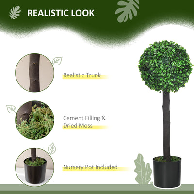 HOMCOM Set of 2 Artificial Plants Boxwood Ball Trees in Pot Fake Plants for Home Indoor Outdoor Decor, 20x20x60cm, Green 