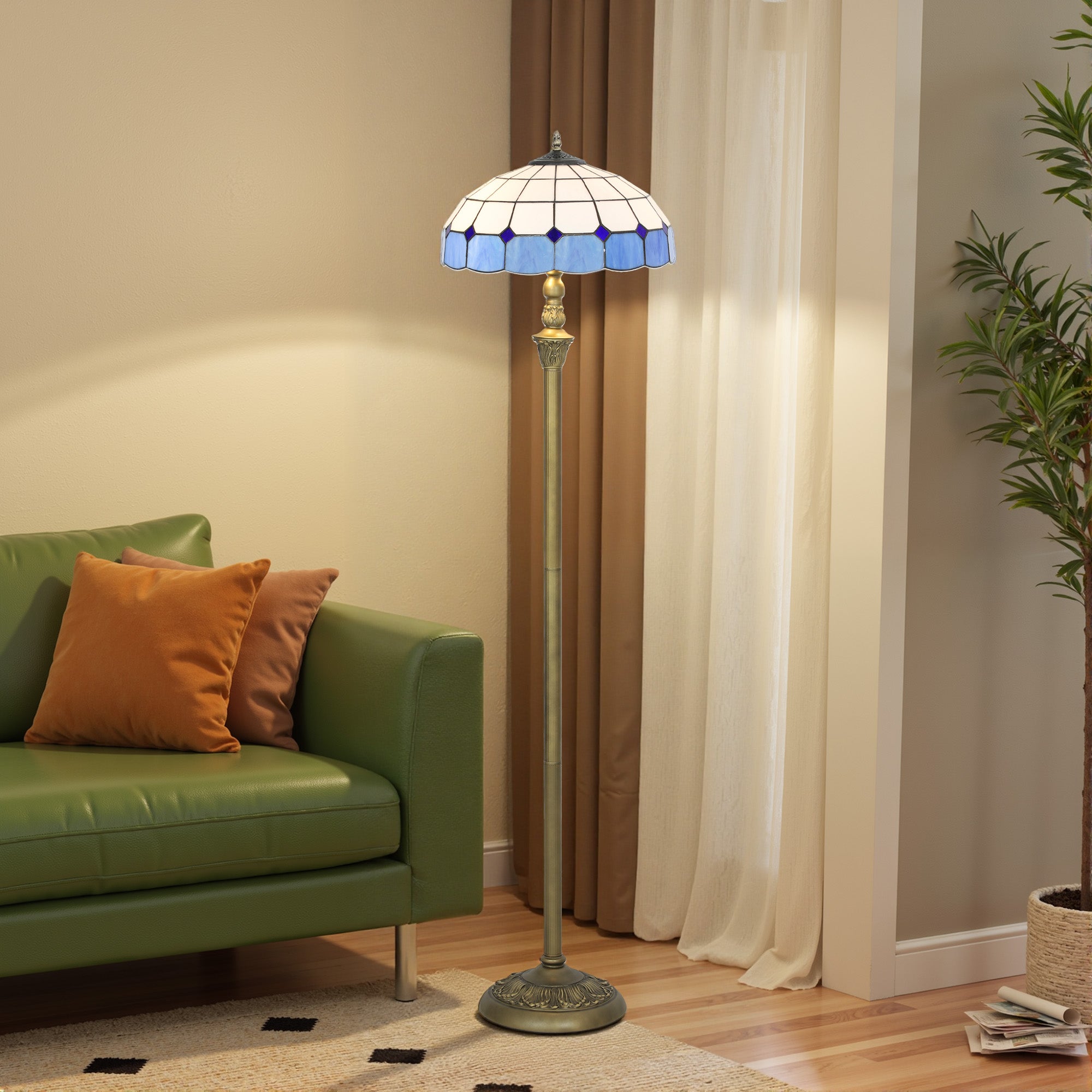 HOMCOM Tiffany-Style Floor Lamp with Handcrafted Stained Glass Shade, 152cm Tall Vintage Standing Lamp with Foot Switch and Dual Sockets for Living Room Bedroom, Bronze Tone and Blue 