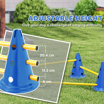 PawHut Dog Agility Equipment Set of Eight Cones, Eight Poles w/ Carry Bag, Four-Piece Adjustable Height Jumping Obstacles Blue 