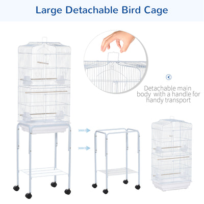 PawHut Bird Cage Budgie Cages for Finch Canary Parakeet with Stand Wheels Slide-out Tray Accessories Storage Shelf, White 46.5 x 36 x 157 cm 