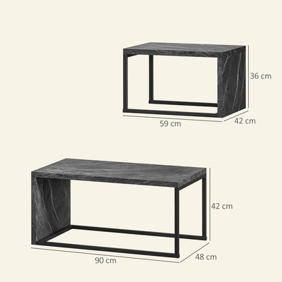 HOMCOM Coffee Tables Set of 2, Industrial Nest of Tables with Metal Frame for Living Room Bedroom, Dark Grey Marble Effect 