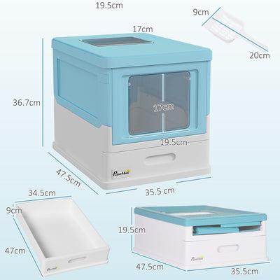 PawHut Hooded Cat Litter Box, Portable Pet Toilet, with Scoop, Front Entry - Light Blue 