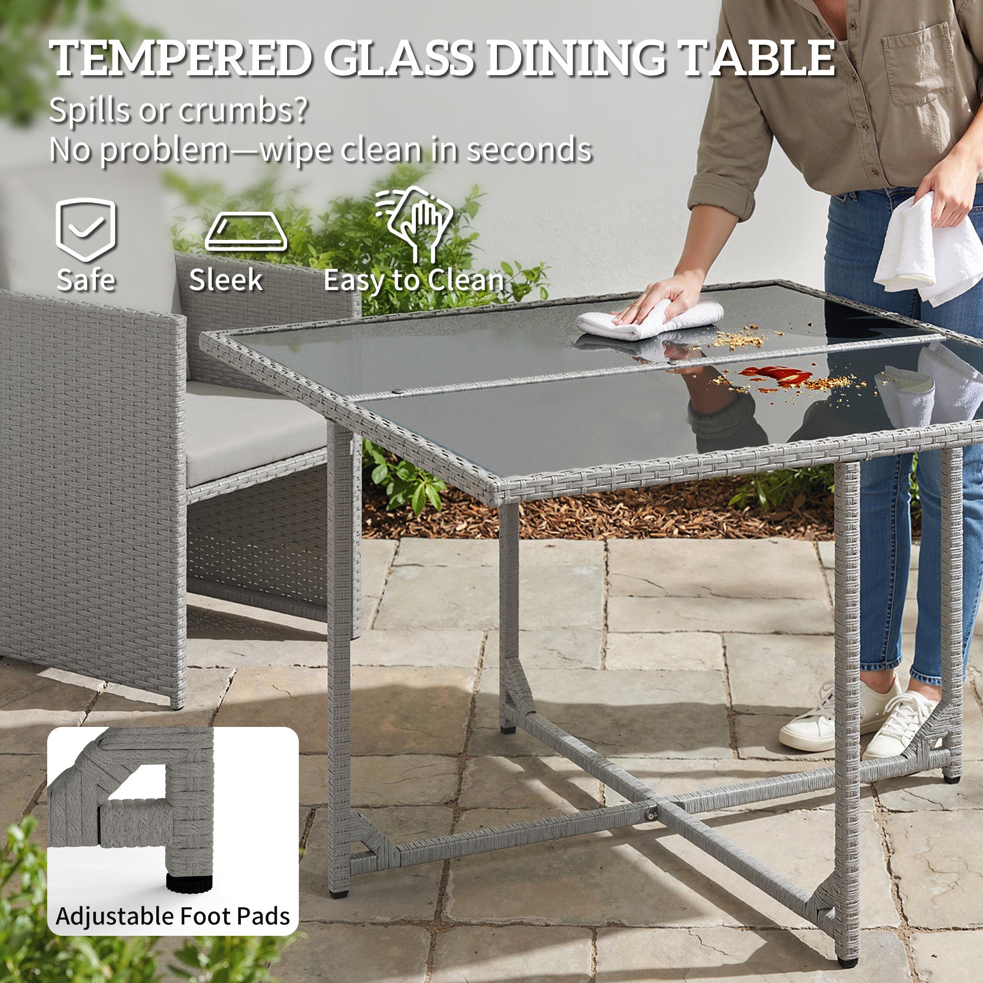 Outsunny 9 Piece Rattan Cube Garden Furniture Dining Set with Armchairs, Footstools and Glass-Top Table, Light Grey 