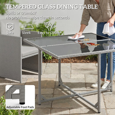 Outsunny 9 Piece Rattan Cube Garden Furniture Dining Set with Armchairs, Footstools and Glass-Top Table, Light Grey 