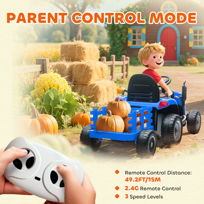 AIYAPLAY 12V Ride on Tractor and Trailer with Remote Control, Music, Shifter, Start-Up Sound, for Kids Ages 3-8 Years, Blue 