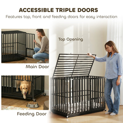 PawHut Heavy Duty Dog Crate, Dog Cage with Wheels for Medium Large Breeds, Metal Pet Kennel with Removable Tray 