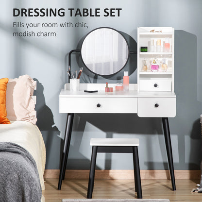 HOMCOM Dressing Table Set with Mirror and Stool, Vanity Makeup Table with 3 Drawers and Open Shelves for Bedroom, Living Room, White 