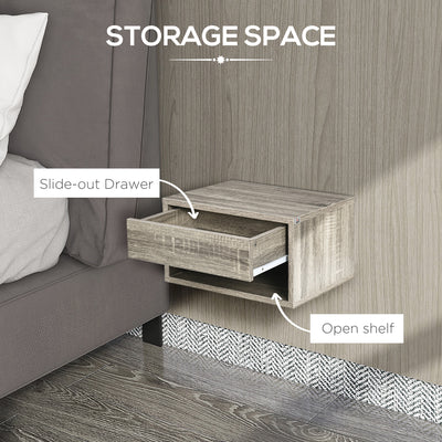 HOMCOM Set of Two Floating Bedside Tables Wall Mounted Nightstands with Drawer and Shelf for Bedroom, Brown Wood-Effect 