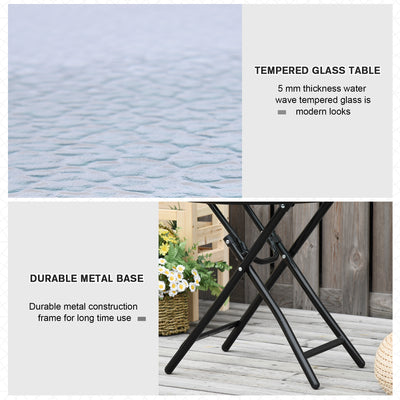 Outsunny Foldable Garden Table, Round Folding Table with Glass Tabletop and Safety Buckle for Patio, Garden, Outdoor, Indoor, Black 