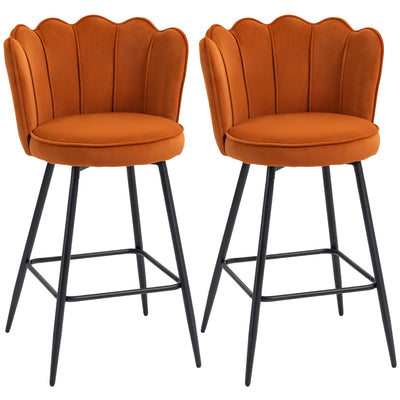 HOMCOM Set of Two Velvet-Feel Lotus Bar Stools - Orange 