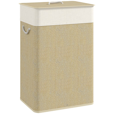 HOMCOM Bamboo Laundry Basket with Lid, 72L Laundry Hamper with Rope Handles, Washing Basket with Removable Washable Liner Bag for Bathroom, Bedroom, Nature Wood Finish 