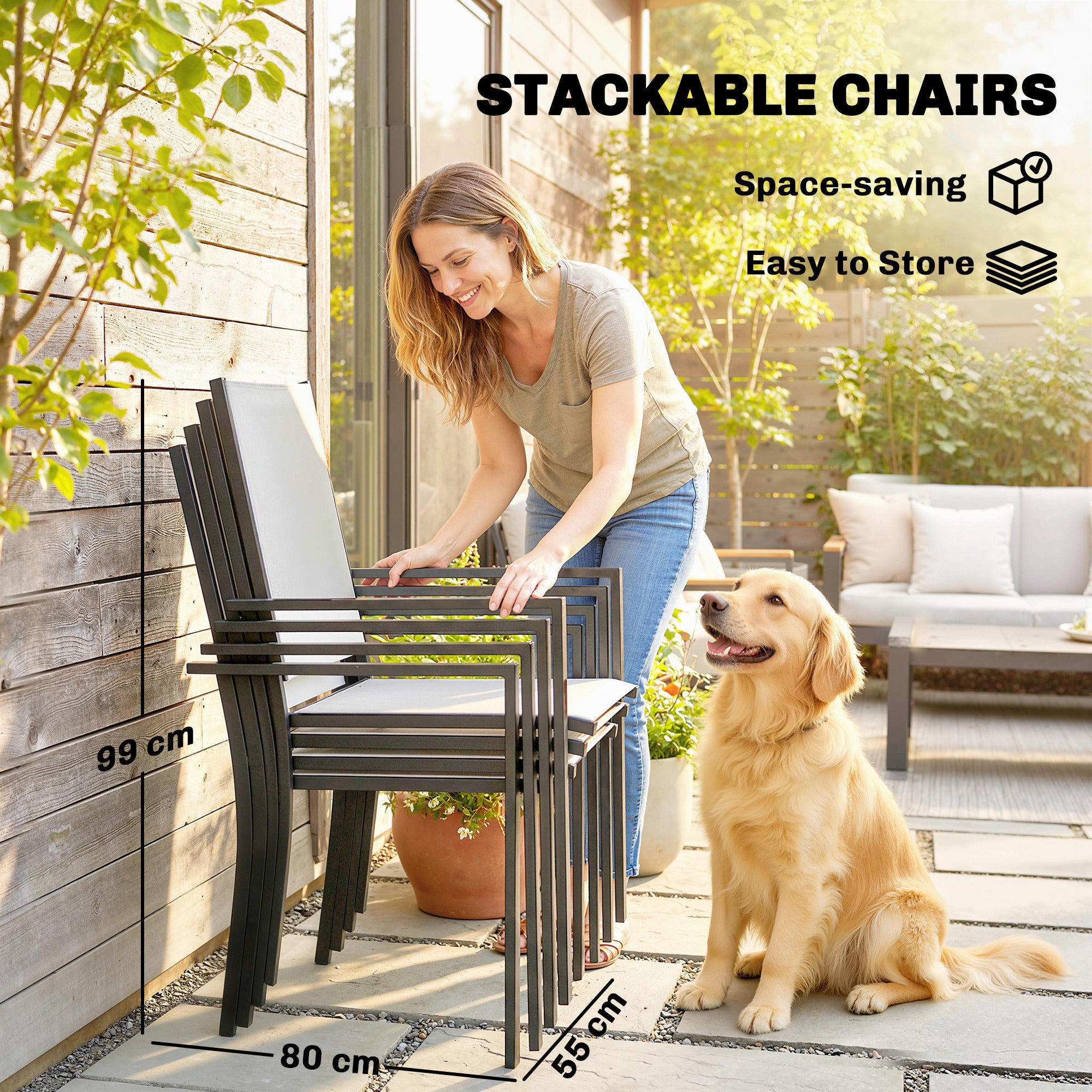 Outsunny Garden Dining Set for 4 with Umbrella Hole, Stackable Chairs and Rectangular Glass-Top Outdoor Table, Light Grey 